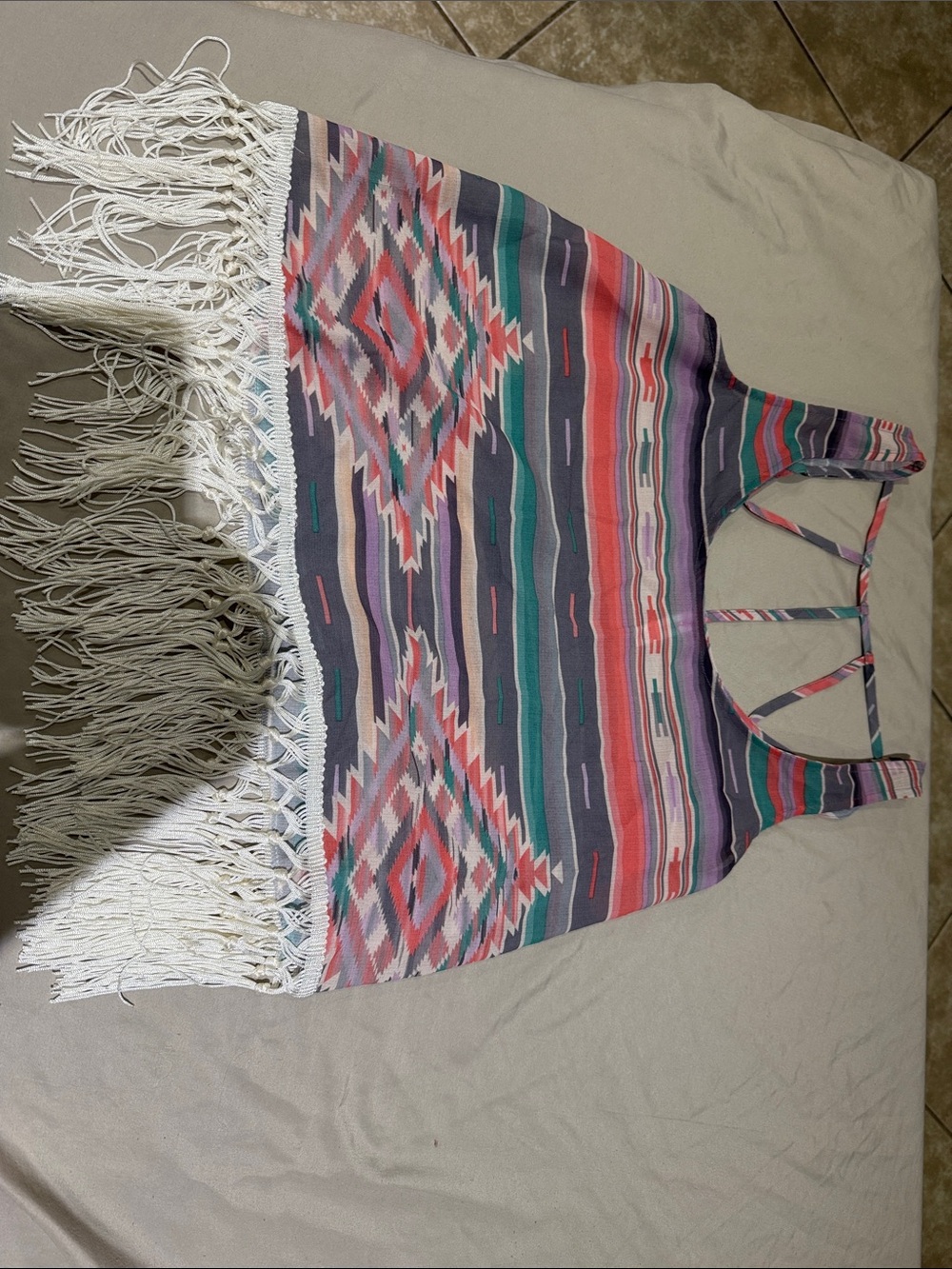 Xhilaration Multicolor Aztec Fringe Tank in Navy, Teal, Coral & Cream